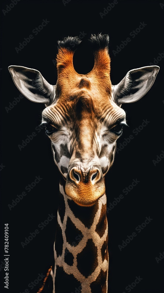 Fototapeta premium Vintage-Inspired Giraffe Portrait on Dark Background Generative AI
