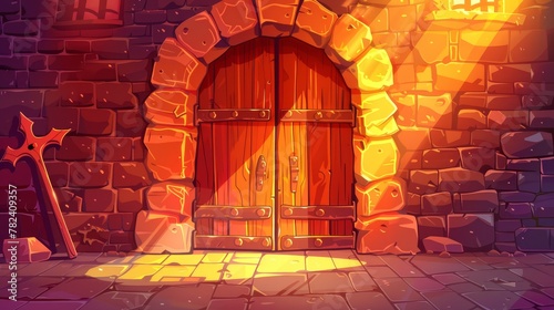 Cartoon modern illustration of medieval dungeon or castle interior with wooden arched door and brick wall, entry to palace with sunlight falling through a barred window. Fairytale building exterior.