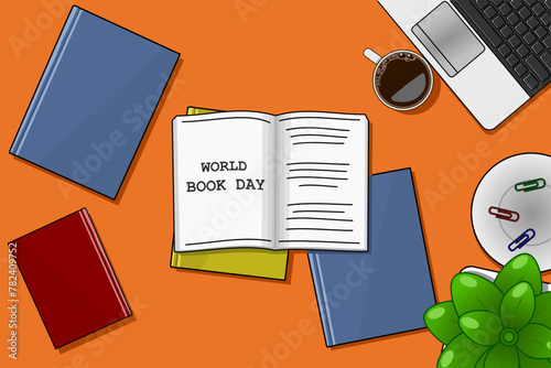World book day illustration with books and objects related to reading. World book day banner illustration. Creative World book day poster.