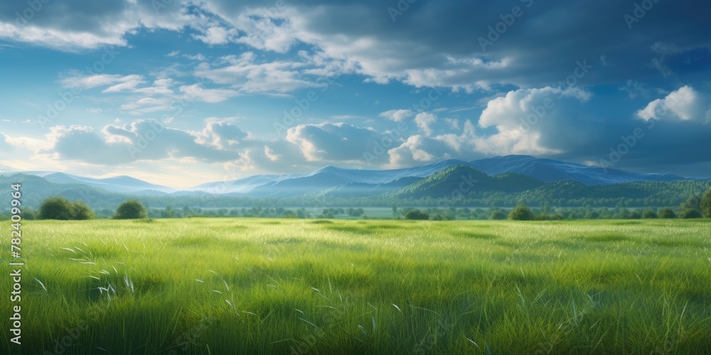 Serene Countryside Scenery with Lush Green Fields and Azure Sky Generative AI