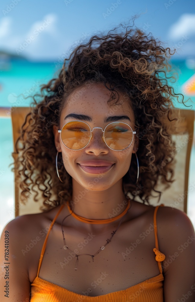 Curly haired woman, sunglasses on, smiles, relaxing on beach chair by the seaside Curly haired woman, sunglasses on, smiles, relaxing on beach chair by the seaside