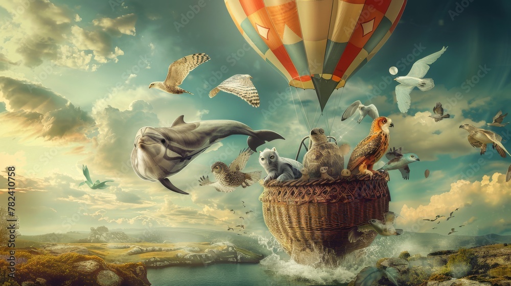 Fototapeta premium This painting depicts a basket floating in mid-air with various realistic animals inside, including a dolphin, deer, eagle, cat, bear, fox, and raccoon. The animals appear calm and curious as they