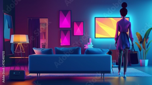 An evening scene of a woman coming home from work and watching TV. Modern cartoon illustration of a dark living room interior with glowing television screens, a sofa, and a woman with a handbag. photo