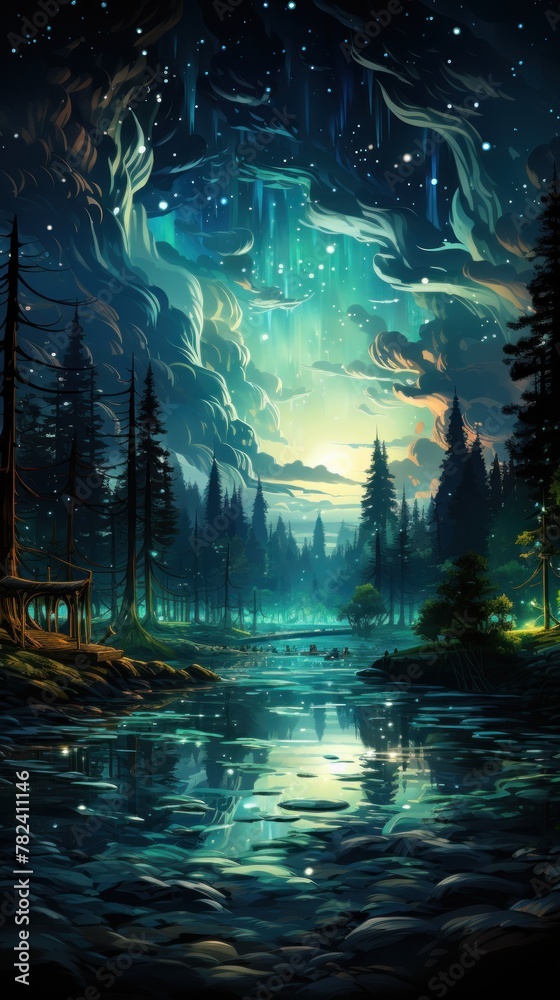 Breathtaking Aurora Borealis in Starry Night Landscape Generative AI
