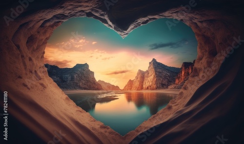 Serene Sunset Landscape with Heart-Shaped Cave Generative AI