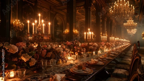 An opulent dining hall bathed in soft candlelight, featuring an extravagant birthday banquet set upon a long, ornate table adorned with cascading floral arrangements and delicate crystal glassware.