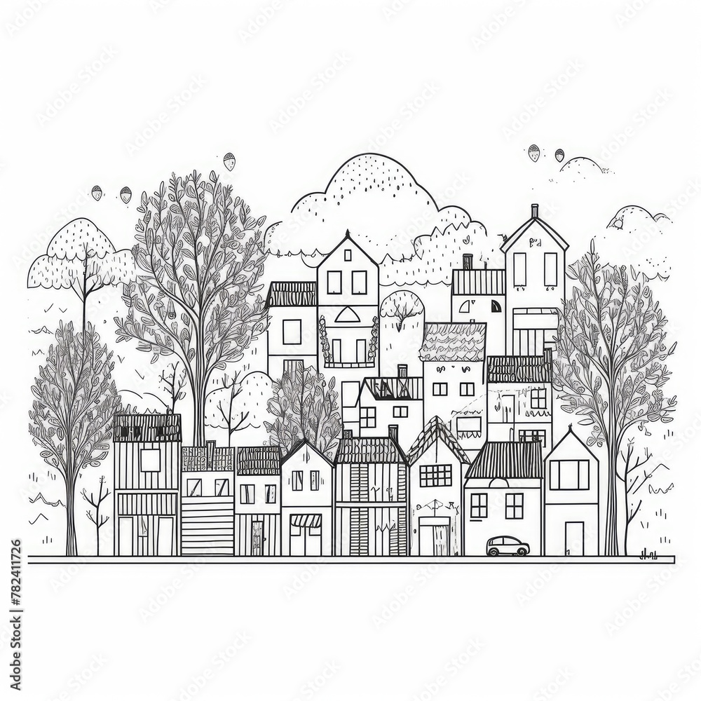 Minimalist Landscape Illustration with Houses, Trees, and Heart Generative AI