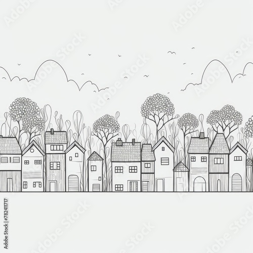 Whimsical One-Line Drawing Landscape with Houses, Trees, and Heart Generative AI