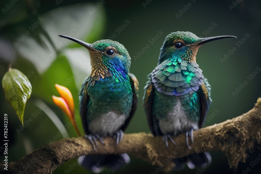 Obraz premium Vibrant Hummingbirds Soaring in the Costa Rican Rainforest Generative AI