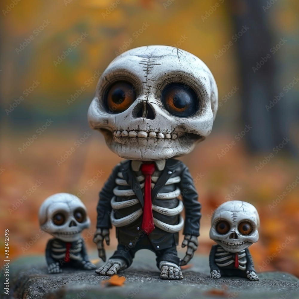 a skeleton figurine with three small skeletons in the background a skeleton figurine with three small skeletons in the background
