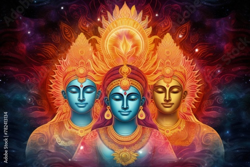 Depiction of the Hindu God Brahma - The Three-Headed Creator of the Universe Generative AI