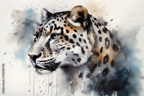 Majestic Snow Leopard: Ink Painting of a Big Cat Generative AI