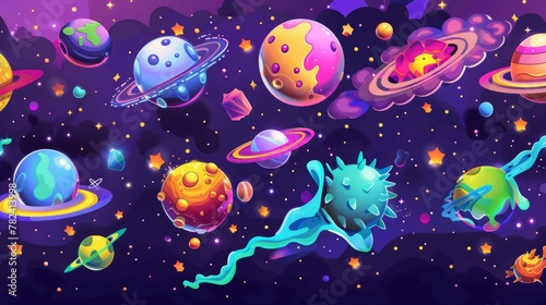 Space cartoons landing pages  futuristic satellites  meteors  asteroids  galaxy and cosmos theories  computer game graphics  modern web banners.