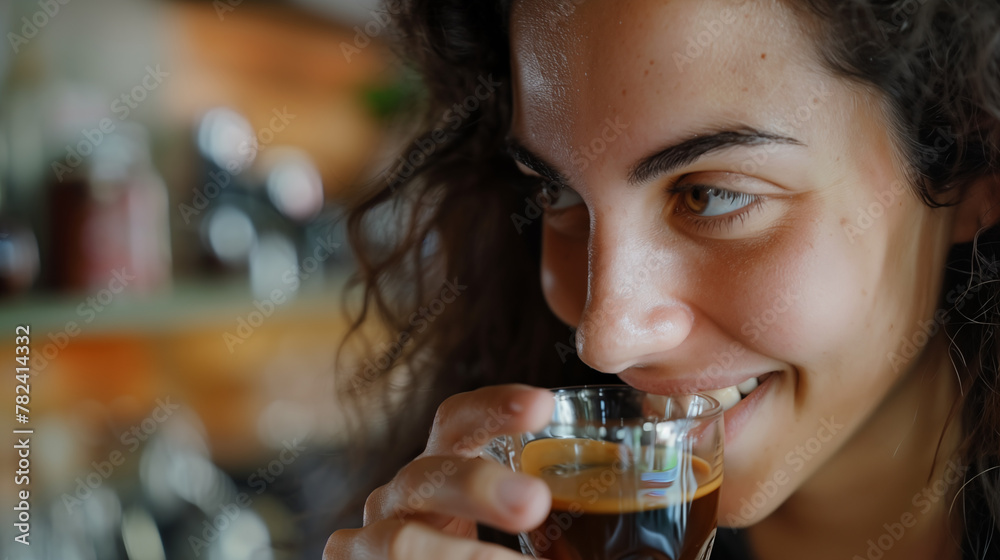 Close-up of woman face drinking espresso coffee in a transparent cup 