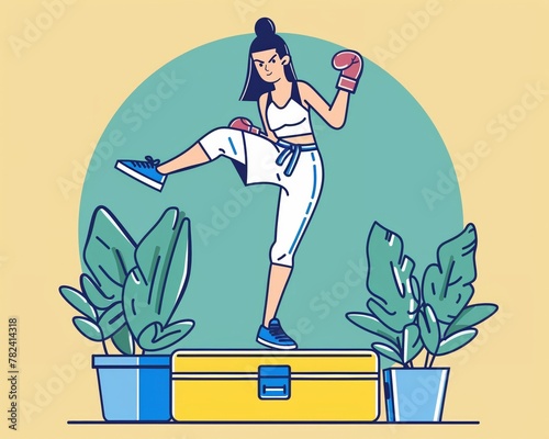 A woman in a kickboxing stance on a crate symbolizes strength and discipline in daily life, portrayed in a vibrant flat cartoon style.