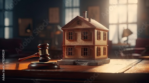 Gavel, Scales of Justice, and House Model - Real Estate Law Concept Generative AI
