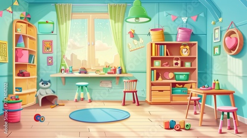 Two dimensional illustration of a children's playroom with montessori toys, furniture, shelves and equipment for playing games and studying. Baby nursery with montessori toys and shelving for games