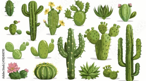 A modern cartoon set of green prickly cacti with blossoms and spikes. The icons represent houseplants, succulents, and desert plants. photo