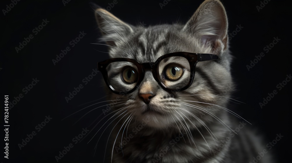 Confident Kitten in Glasses Against Dark Background Generative AI