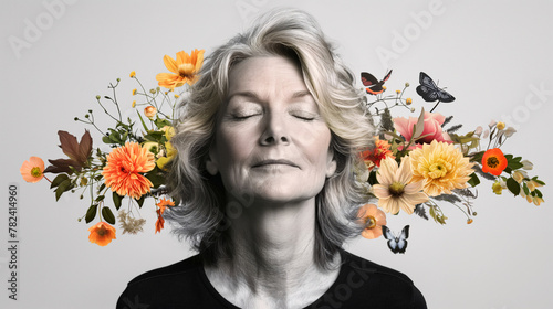 collage with middle aged woman with closed eyes with a calm face in meditation for relaxation in menopause
