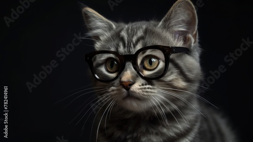 Confident Kitten in Glasses Against Dark Background Generative AI photo