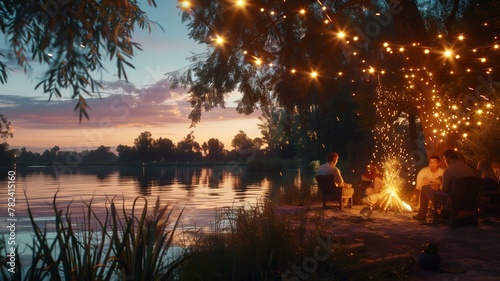 A serene lakeside setting illuminated by the golden hues of sunset  where a group of friends gather around a bonfire to celebrate a birthday.