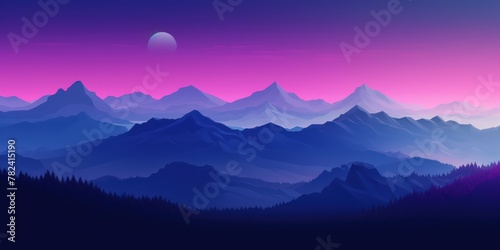 Nostalgic Minimalist Mountain Landscape in Dark Cyan and Violet Generative AI