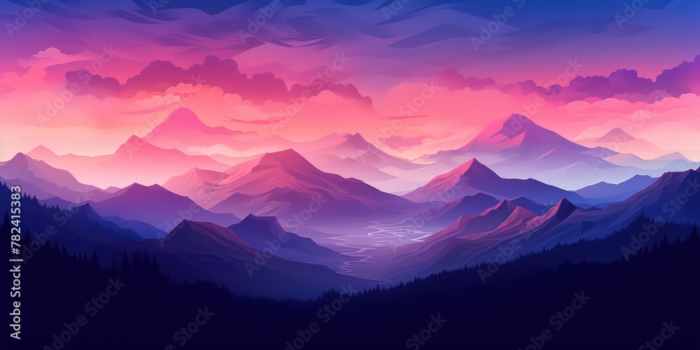 Serene Landscape Illustration in Moody Cyan and Violet Generative AI