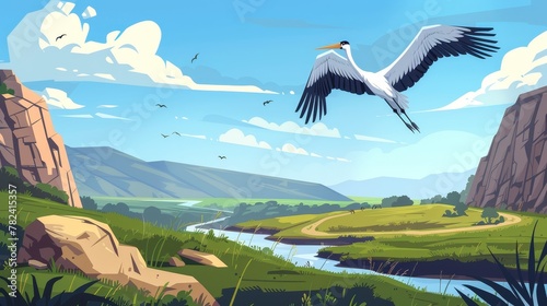 Stork flies over mountain valley with green fields and river. Modern cartoon illustration of summer landscape with green grass  road  lake  and rocks on horizon and flying ciconiidae bird.