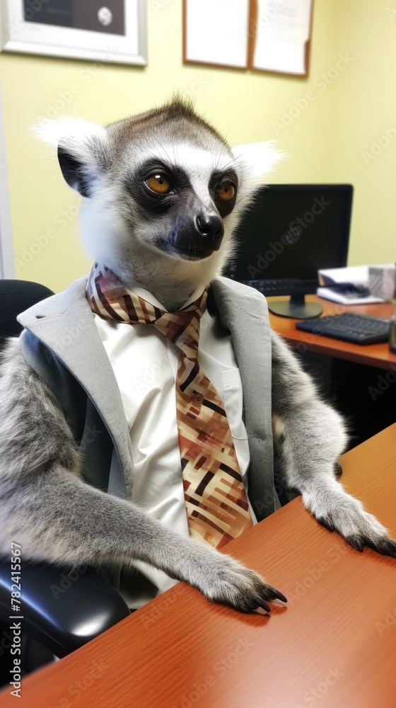 Obraz premium Sophisticated Lemur Executive in Madagascar-Themed Office Generative AI