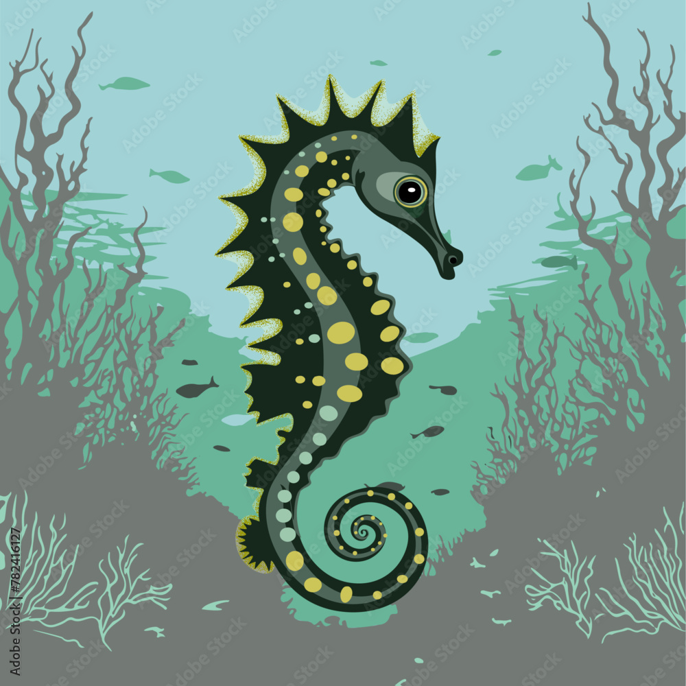Vector, seahorse and underwater background.
