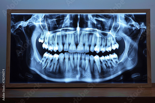 A close up of a person's teeth with a black and white X-ray