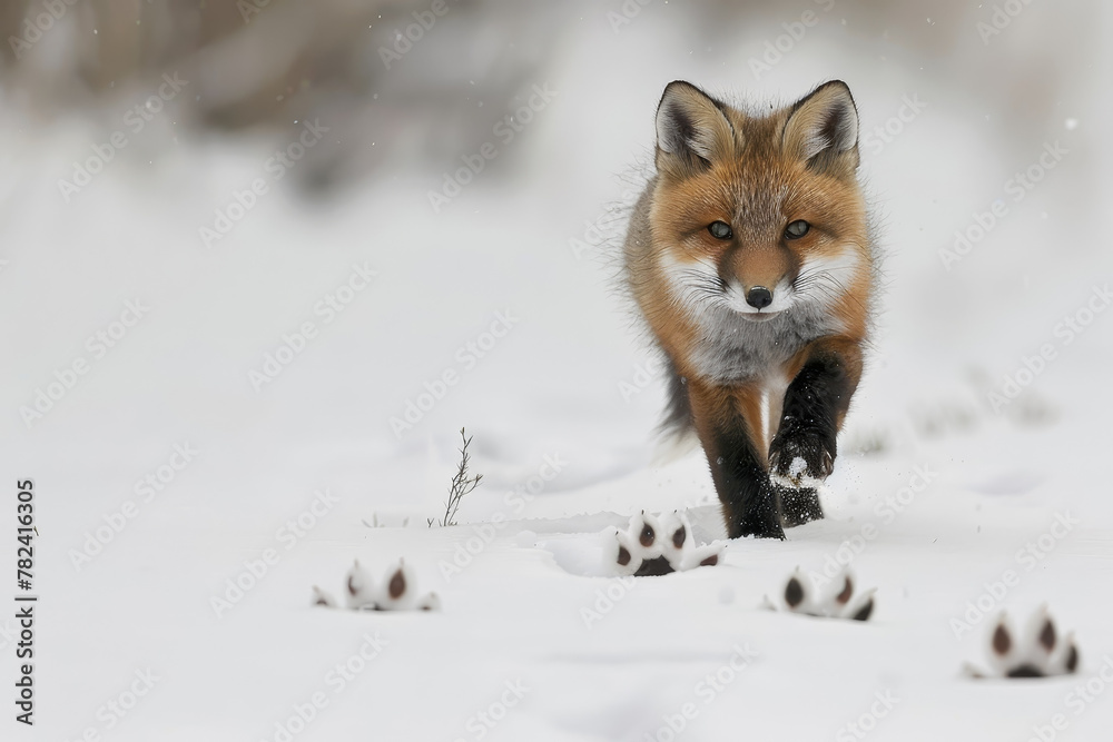 A small fox is walking through the snow