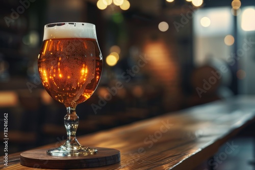 Beer glass on wooden bar at drinking establishment