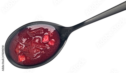 Borscht in spoon, beetroot soup isolated on white background, top view