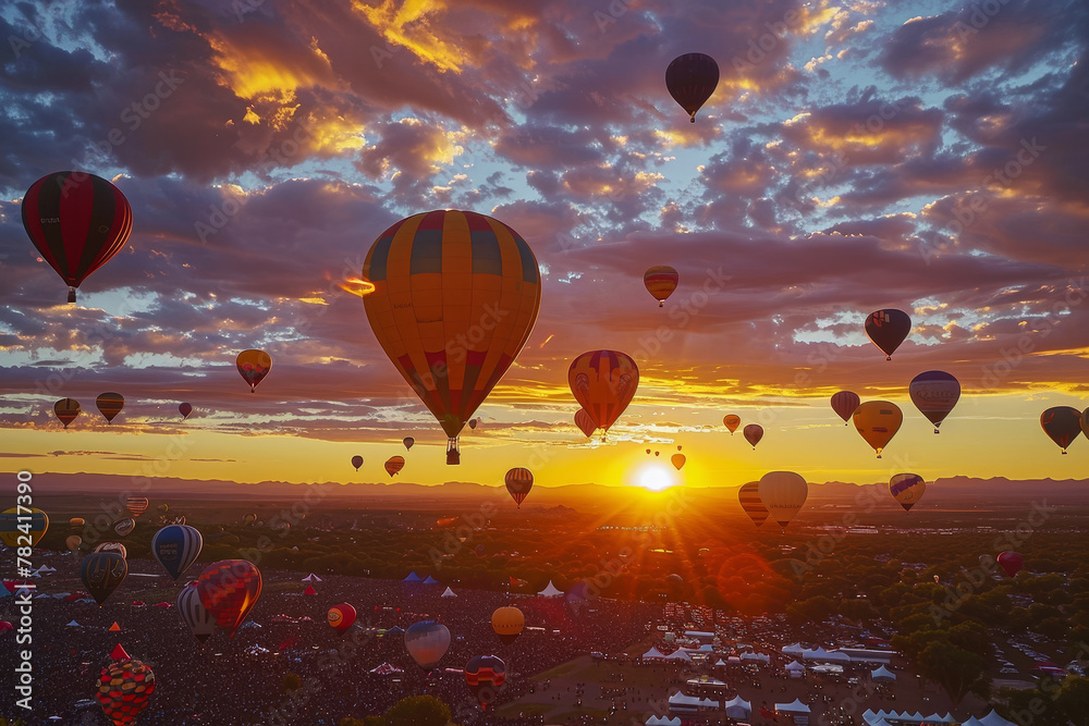 Naklejka premium A sky full of hot air balloons with a beautiful sunset in the background