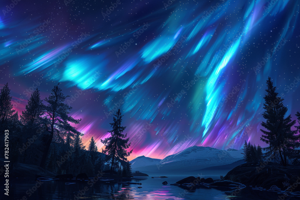 A beautiful night sky with a blue aurora and a forest in the background