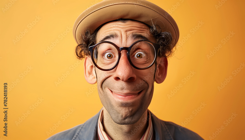 Humorous Close-Up Portrait of a Comical Man with Goofy Glasses and a Hat on a Bright Orange Background
Humorous Close-Up Portrait of a Comical Man with Goofy Glasses and a Hat on a Bright Orange Background