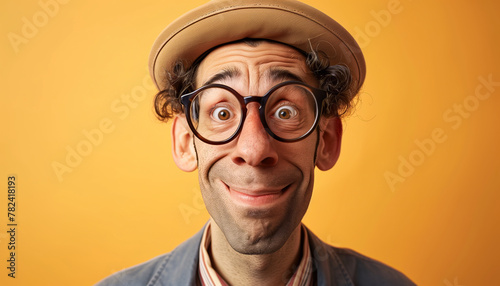 Humorous Close-Up Portrait of a Comical Man with Goofy Glasses and a Hat on a Bright Orange Background
 photo