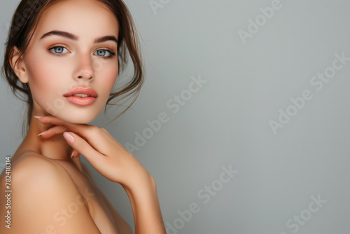 Elegant Beauty Portrait of a Young Woman with Flawless Skin and Natural Makeup on a Soft Background 