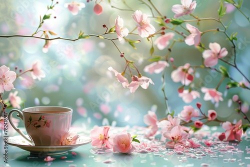 A pink cup of tea rests on a saucer on a table with flowers in the background
