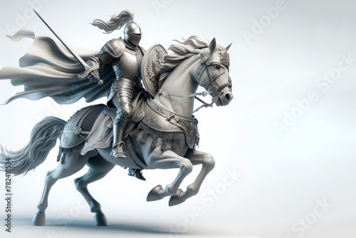 A knight in armor and with a sword rides a horse. Space for text.
