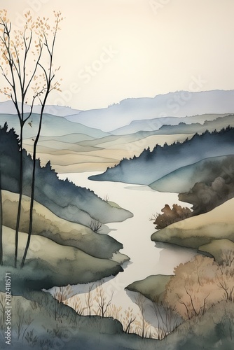Serene Watercolor Landscape of River Valley Generative AI