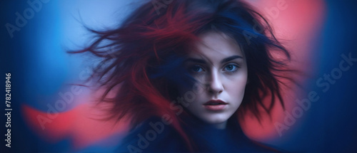 primo piano volto di giovane donna dai capelli scuri con ciocche in rosso e blu photo