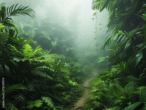 A lush  green jungle path winding into the gray mystery misty  inviting to find the secret of what lies beyond.
