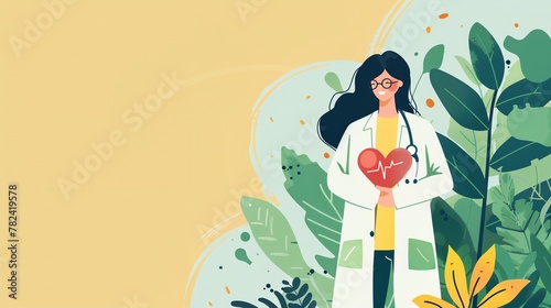 a woman in a lab coat holding a heart in her hands and surrounded by plants and leaves