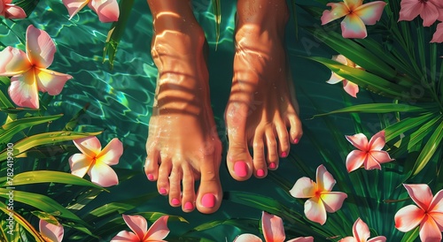 a person's feet in a pool of water surrounded by flowers and leaves