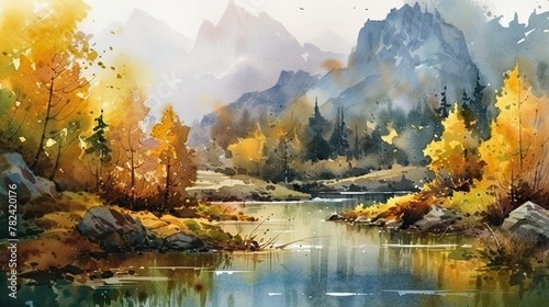 Autumnal Watercolor Landscape with Mountains, Forests, and Lake Generative AI