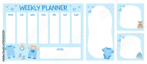Baby boy planner, note sheets and frames for baby shower party or pregnancy time. Blue newborn clothing elements. Vector hand drawn illustration.