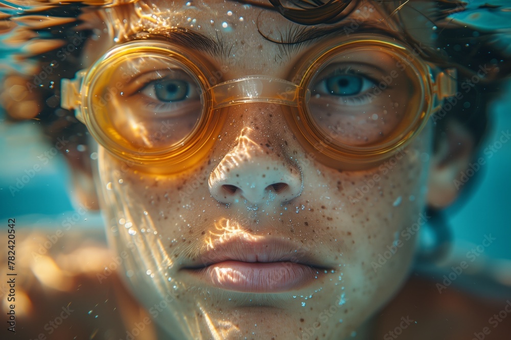 Close up of a person in underwater headgear, wearing goggles to protect the eyes Close up of a person in underwater headgear, wearing goggles to protect the eyes